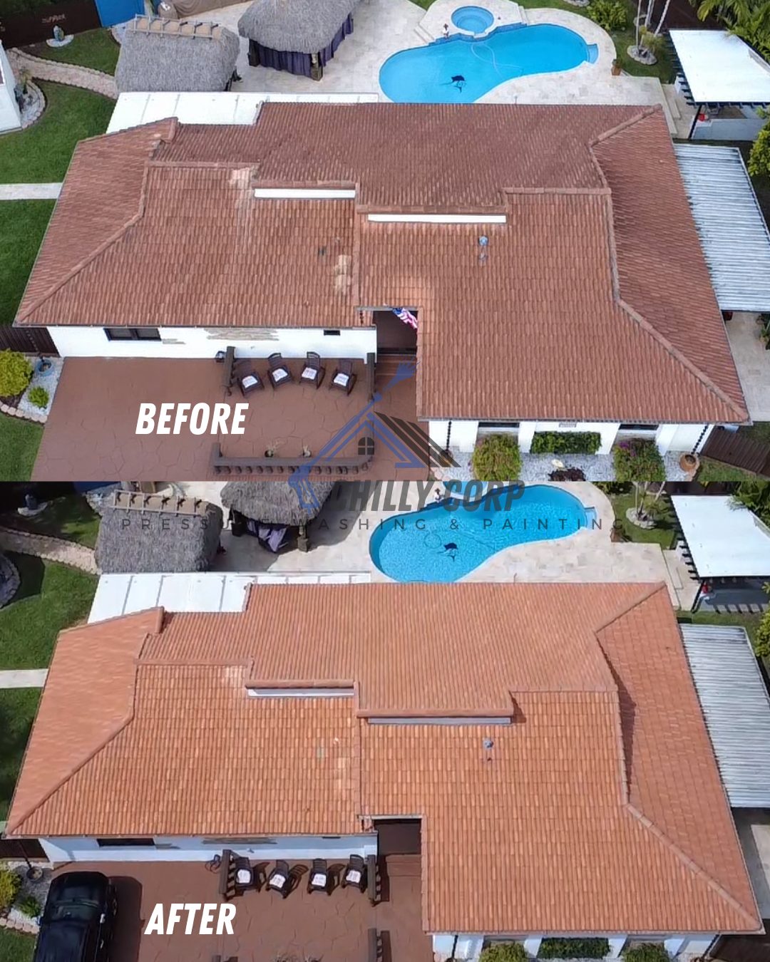 Aerial view — roof and pool area before cleaning