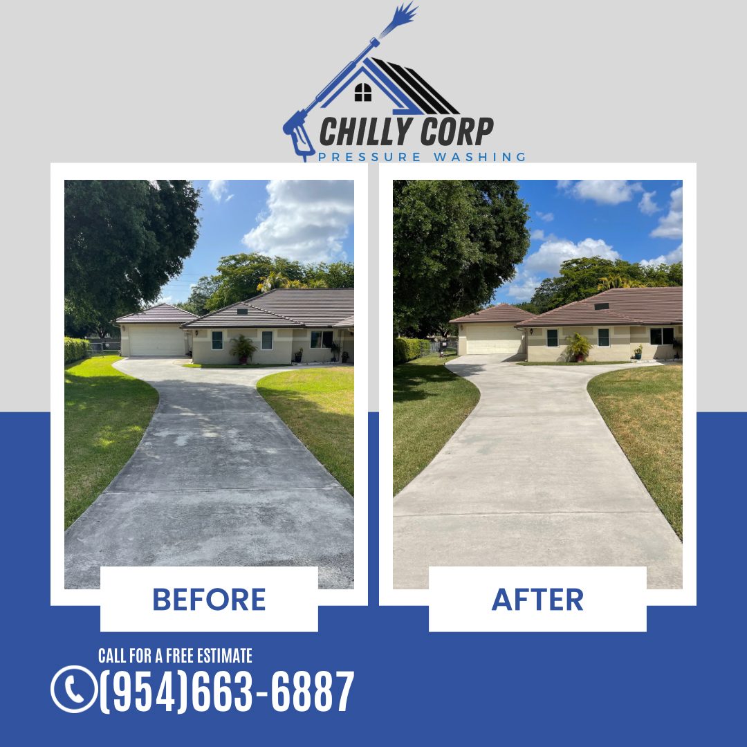 Before & after — driveway pressure washing in Hialeah Gardens