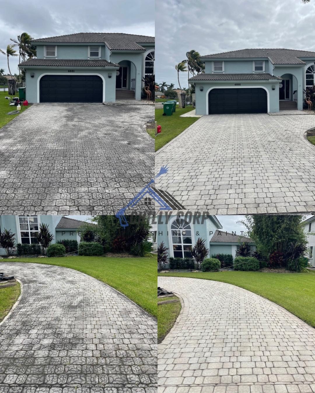 Home exterior with freshly washed driveway and walkway