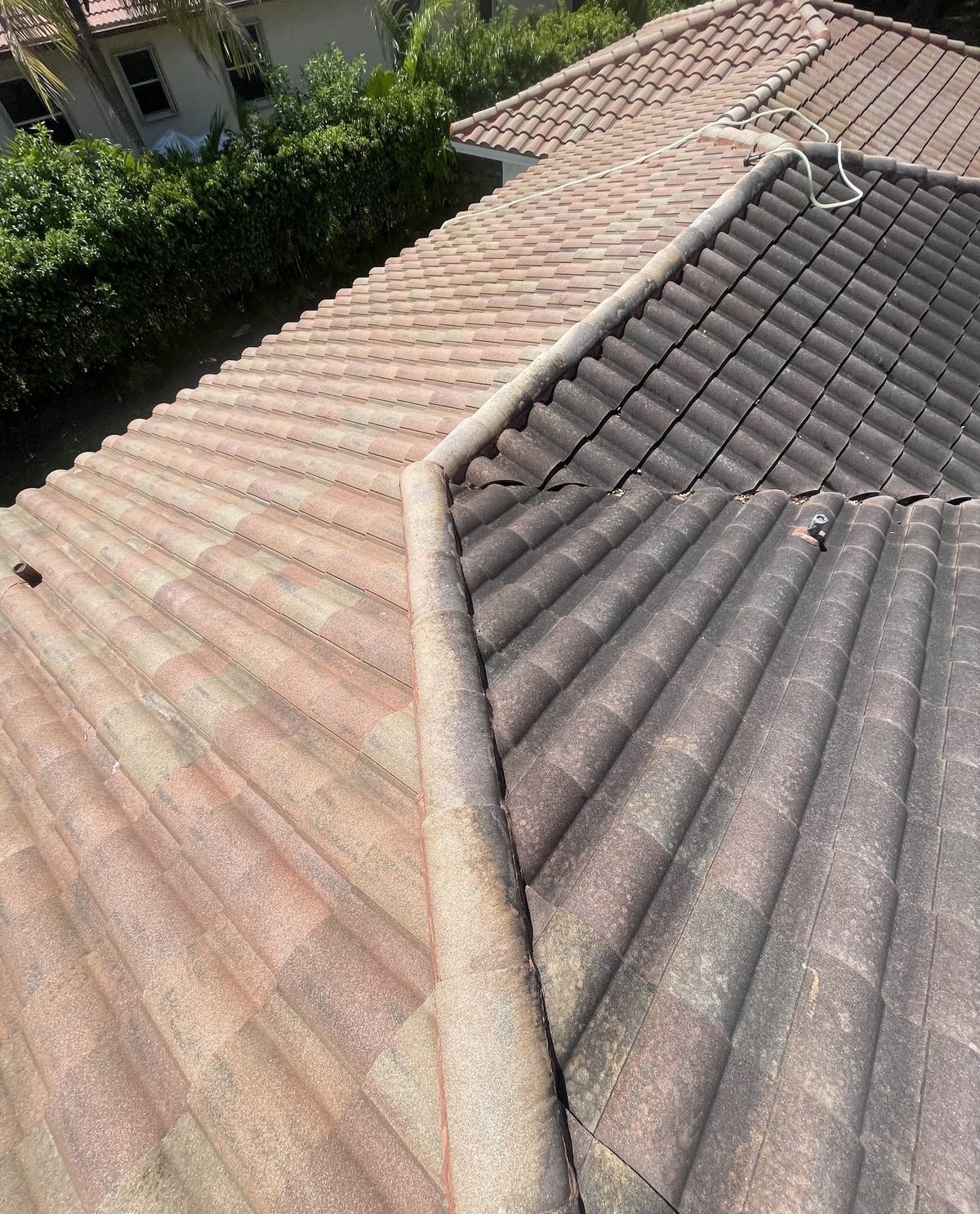 Tile roof mid-clean — soft wash lifting years of algae