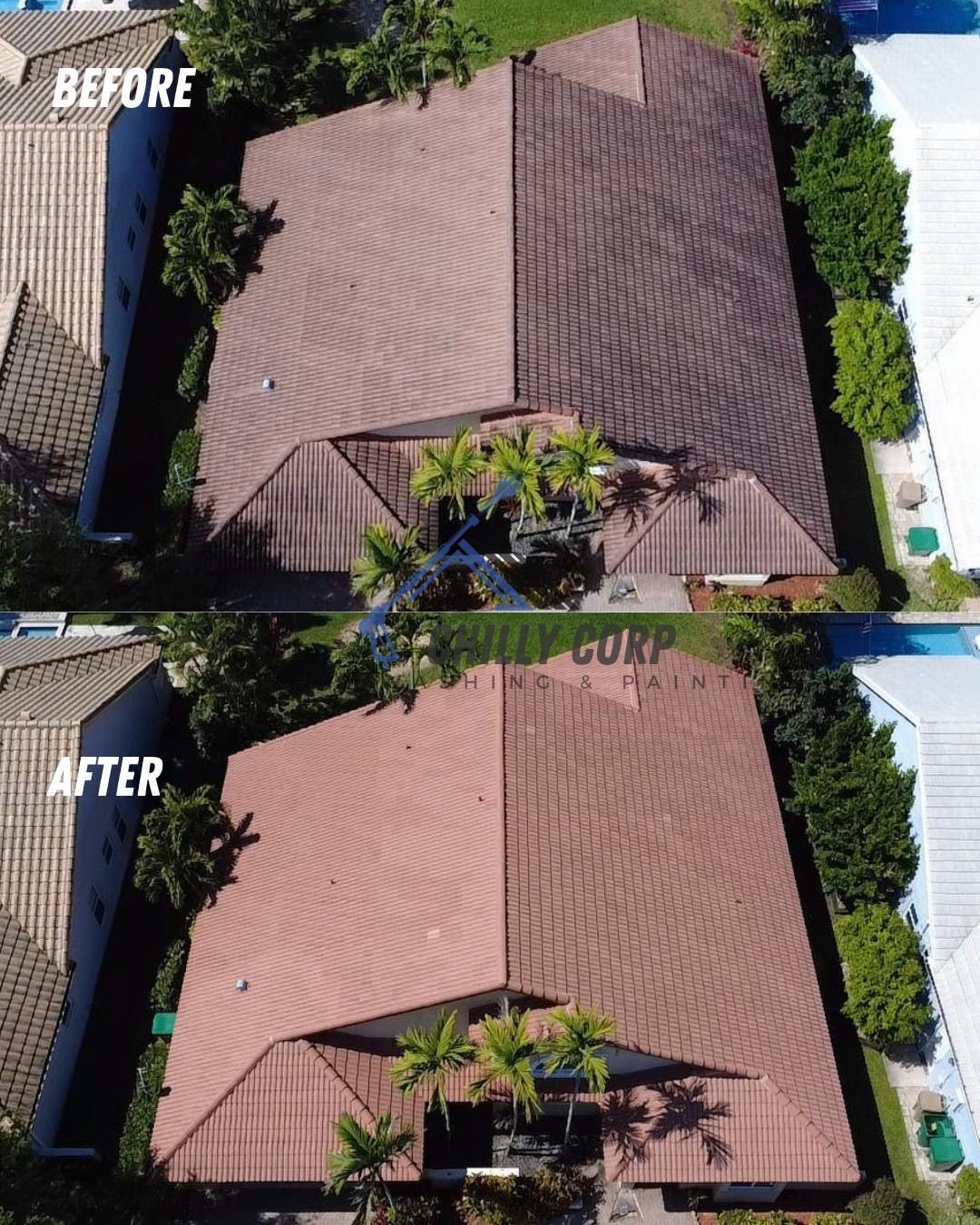 Aerial before & after — full roof wash